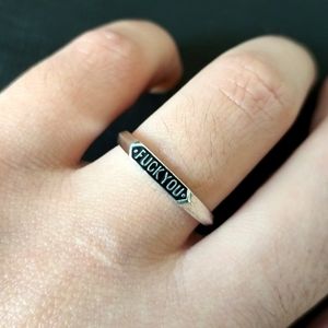 Nora Kogan Fuck You Signet Ring with Black Enamel with original pouch.